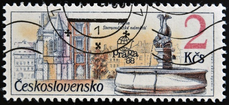 CZECHOSLOVAKIA - CIRCA 1988  A stamp printed in Czechoslovakia shows Old Town Square  Prague , circa 1988 のeditorial素材