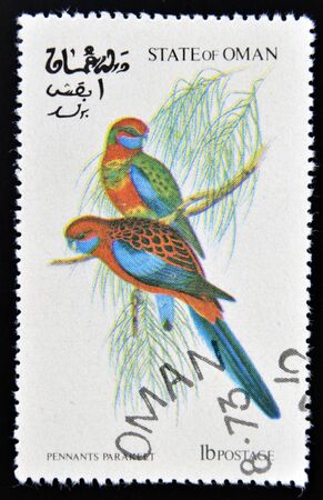 OMAN - CIRCA 1973: A stamp printed in Oman dedicated to exotic birds shows pennants paraheet, circa...