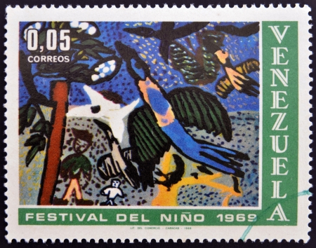 VENEZUELA - CIRCA 1969  A stamp printed in Venezuela dedicated to children, circa 1969のeditorial素材