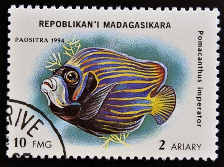 MADAGASCAR - CIRCA 1994: stamp printed in Madagascar dedicated to fish shows pomacanthus imperator, circa 1994 のeditorial素材