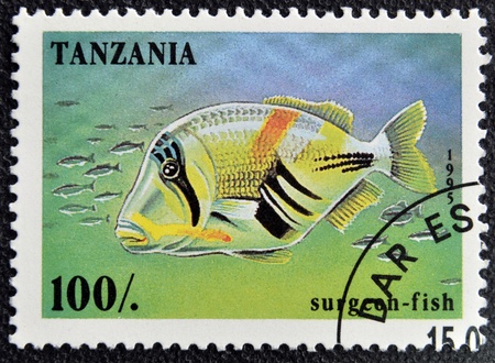 TANZANIA - CIRCA 1995: A stamp printed in Tanzania showing Surgeon-fish, circa 1995 の写真素材