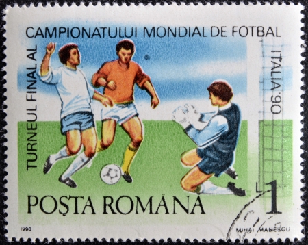 ROMANIA - CIRCA 1990: A stamp printed in Romania dedicated to Soccer World Championship of Italy 1990, circa 1990の写真素材