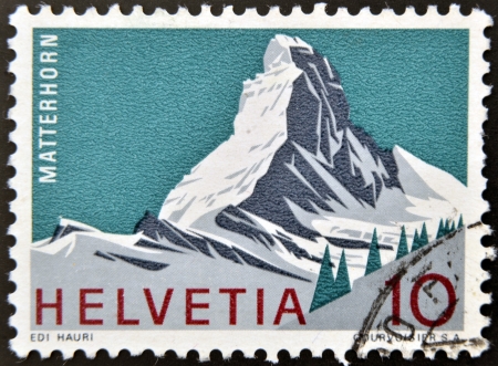 SWITZERLAND - CIRCA 1980: A stamp printed in Switzerland shows Matterhorn, Swiss Alps, circa 1980の写真素材