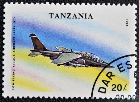 TANZANIA - CIRCA 1993: A stamp printed in Tanzania shows Low - Flying, attack aircraft "alfa jet", circa 1993の写真素材