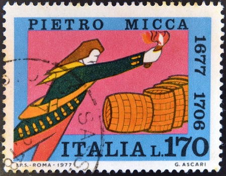 ITALY - CIRCA 1970: A stamp printed in Italy shows Pietro Micca, circa 1970のeditorial素材