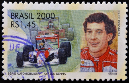 BRAZIL -  CIRCA 2000: A stamp printed in Brazil dedicated to motor shows Ayrton Senna, circa 2000 のeditorial素材