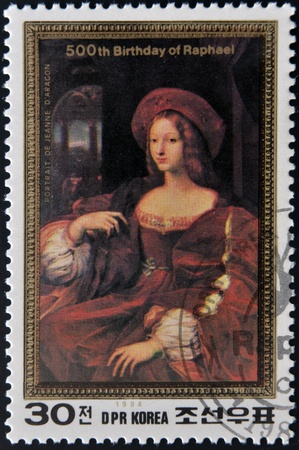 NORTH KOREA - CIRCA 1984: A stamp printed in DPR Korea shows portrait of Jeanne D'Aragon by Raphael, circa 1984のeditorial素材