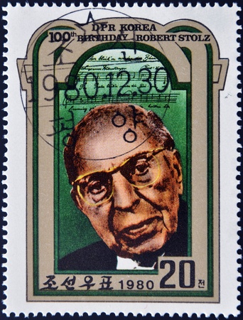 NORTH KOREA - CIRCA 1980: A stamp printed in DPR Korea shows Robert Stolz, circa 1980のeditorial素材