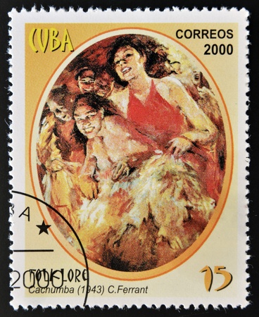 CUBA - CIRCA 2000: A stamp printed in Cuba devoted to folklore shows Cachumba by C. Ferrant, circa 2000のeditorial素材