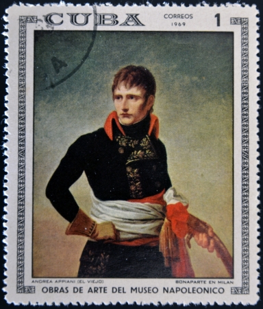CUBA - CIRCA 1969: Stamp printed in Cuba dedicated to Artworks Napoleon Museum, shows Bonaparte in Milan by Andrea Appiani, circa 1969のeditorial素材
