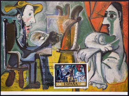 SPAIN - CIRCA 1978: stamp printed in Spain shows Artist and model  by Pablo Ruiz Picasso, circa 1978 の写真素材