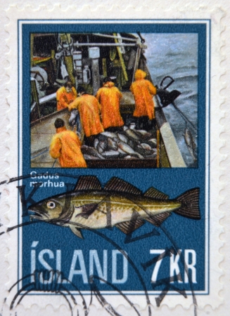 ICELAND - CIRCA 1970: A stamp printed in Iceland shows fishermen and gadus morhua, circa 1970の写真素材