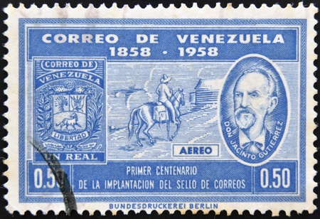 VENEZUELA - CIRCA 1958: A stamp printed in Venezuela dedicated to centenary of the introduction of the postage stamp, circa 1958 のeditorial素材