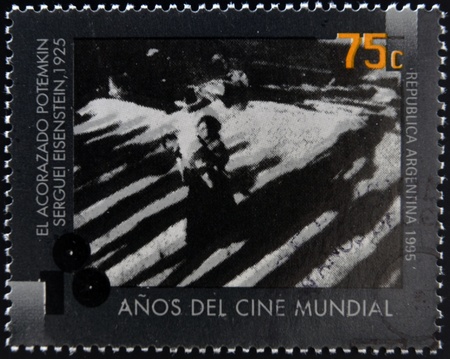 ARGENTINA - CIRCA 1995: A stamp printed in Argentina dedicated to 100 years of world cinema shows scene The Battleship Potemkin by Sergei Eisenstein, circa 1995 のeditorial素材