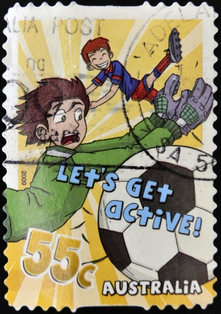 AUSTRALIA - CIRCA 2009: A stamp printed in Australia shows soccer, "Let's Get Active!", circa 2009 のeditorial素材