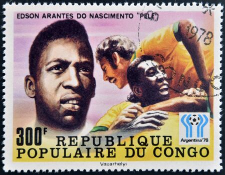 CONGO - CIRCA 1978: A stamp printed in Congo dedicated to the World Cup in Argentina 1978, shows Edson Arantes do Nascimento Pele, circa 1978のeditorial素材