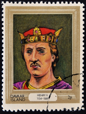 DAVAAR ISLAND - CIRCA 1977: A stamp printed in Davaar Island dedicated to the kings and queens of Britain, shows King Henry II (1154 - 1189), circa 1977 のeditorial素材