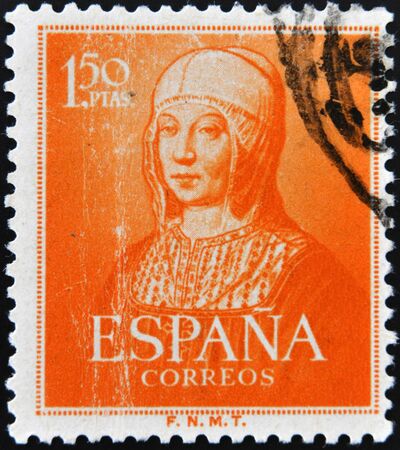 SPAIN - CIRCA 1951: A stamp printed in Spain shows Queen Isabella the Catholic, circa 1951 のeditorial素材