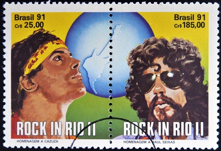 BRAZIL - CIRCA 1991: Stamps printed in Brazil dedicated to Rock in Rio, shows Cazuza and Raul Seixas, circa 1991のeditorial素材