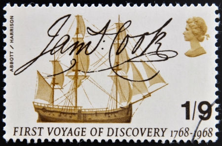 UNITED KINGDOM - CIRCA 1968: A stamp printed in Great Britain shows Captain Cook's Endeavour and Signature, circa 1968のeditorial素材