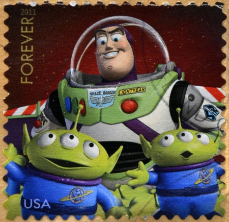 UNITED STATES OF AMERICA - CIRCA 2011: A stamp printed in USA showing an image of Toy Story 3 movie, circa 2011.のeditorial素材