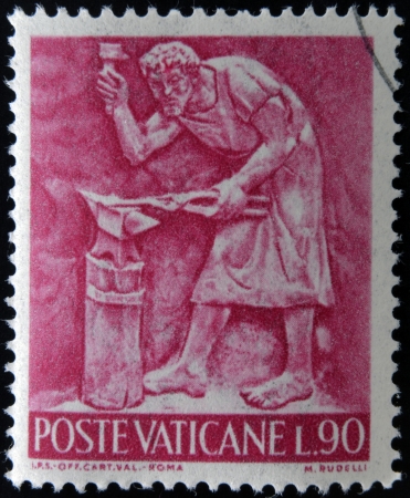 VATICAN - CIRCA 1966: A stamp printed in Vatican shows Bas reliefs of arts and crafts, blacksmith, circa 1966 のeditorial素材