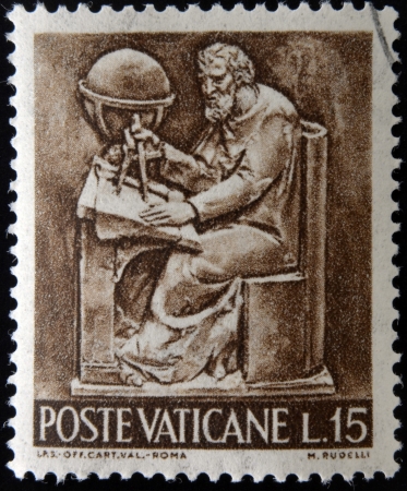 VATICAN - CIRCA 1966: A stamp printed in Vatican shows Bas reliefs of arts and crafts, geometry, circa 1966 のeditorial素材