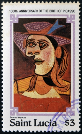 SAINT LUCIA - CIRCA 1981: stamp printed in Saint Lucia shows seated woman by Pablo Ruiz Picasso, circa 1981 のeditorial素材