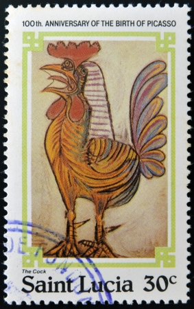 SAINT LUCIA - CIRCA 1981: stamp printed in Saint Lucia shows the cock by Pablo Ruiz Picasso, circa 1981 のeditorial素材