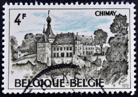 BELGIUM - CIRCA 1973: A stamp printed in Belgium shows Scourmont Abbey in Chimay, circa 1973の写真素材