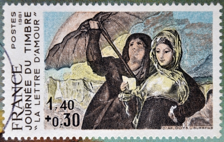 FRANCE - CIRCA 1981: a stamp printed in France shows Women, Along the Manzanares, Painting by Francisco Goya, love letters, circa 1981のeditorial素材