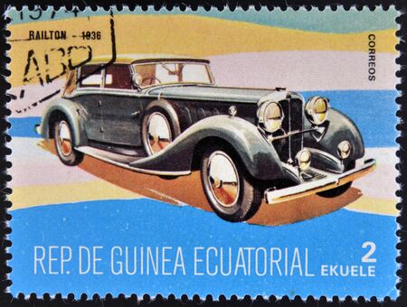 EQUATORIAL GUINEA - CIRCA 1974: A stamp printed in Guinea dedicated to vintage cars, shows Railton, 1936, circa 1974のeditorial素材