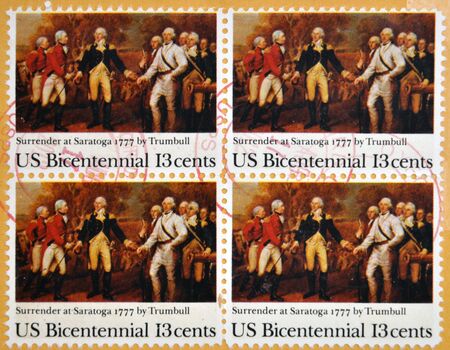 UNITED STATES OF AMERICA - CIRCA 1977: a stamp printed in USA shows Painting Surrender of Burgoyne...