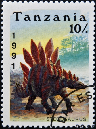 TANZANIA - CIRCA 1991: a stamp printed in Tanzania shows dinosaur Stegosaurus, circa 1991 のeditorial素材