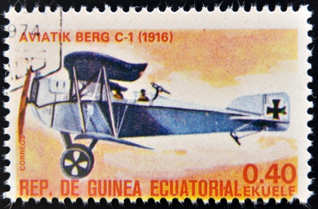 EQUATORIAL GUINEA - CIRCA 1974  A stamp printed in Guinea dedicated to history of aviation shows Aviatik-Berg C 1, 1916, circa 1974のeditorial素材