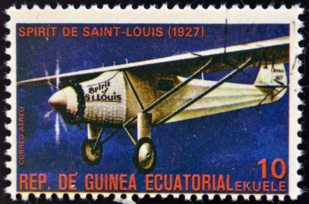 EQUATORIAL GUINEA - CIRCA 1974  A stamp printed in Guinea dedicated to history of aviation shows Spirit of St  Louis,1927,  circa 1974のeditorial素材