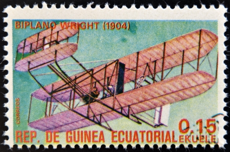 EQUATORIAL GUINEA - CIRCA 1974  A stamp printed in Guinea dedicated to history of aviation shows Wright brothersのeditorial素材