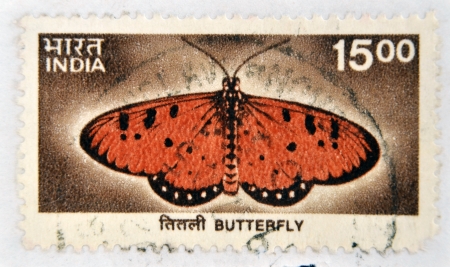 INDIA - CIRCA 1963: A stamp printed in India shows Butterfly, circa 1963のeditorial素材