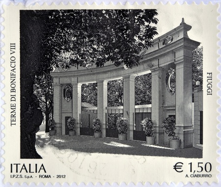 ITALY - CIRCA 2012: Stamp printed in Italy shows Bonifacio VIII Baths in Fiuggi, circa 2012 のeditorial素材