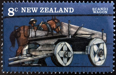 NEW ZEALAND - CIRCA 1976: stamp printed in New Zealand, shows Farm Vehicles, Scandi wagon, circa 1976 のeditorial素材