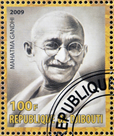 DJIBOUTY - CIRCA 2009: A stamp printed in Djibouty shows Mahatma Gandhi, circa 2009のeditorial素材