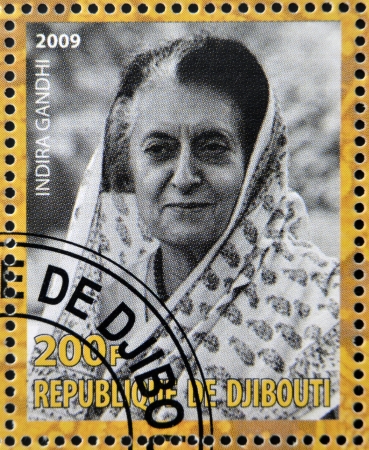 DJIBOUTY - CIRCA 2009: A stamp printed in Djibouty shows Indira Gandhi, circa 2009のeditorial素材