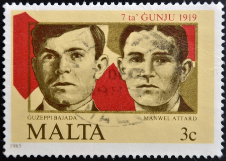 MALTA - CIRCA 1985: A stamp printed in Malta shows Guzeppi Bajada and Manwell Attard, circa 1985
