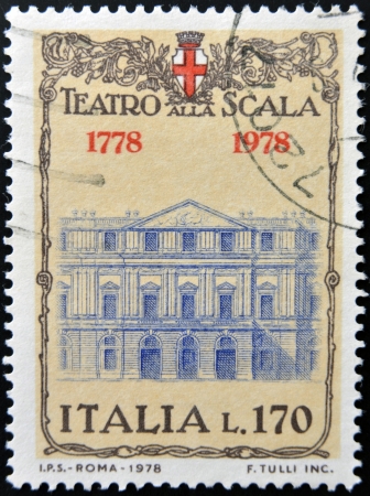 ITALY - CIRCA 1978: A stamp printed in Italy shows The Teatro alla Scala in Milan, circa 1978の写真素材