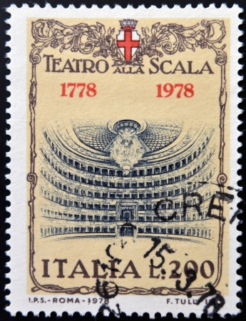 ITALY - CIRCA 1978: A stamp printed in Italy shows The Teatro alla Scala in Milan, circa 1978の写真素材