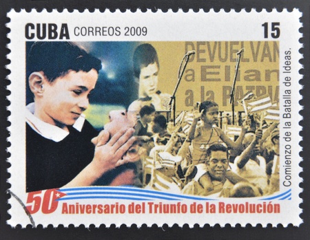 CUBA - CIRCA 2009: A stamp printed in cuba dedicated to 50 anniversary of the triumph of the revolution, shows beginning of the battle of ideas, circa 2009 のeditorial素材