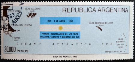 ARGENTINA - CIRCA 1983: A stamp printed in Argentina dedicated to first recovery of the Malvinas,...