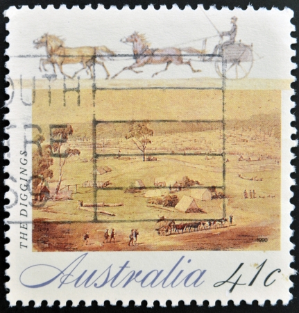 AUSTRALIA - CIRCA 1990: A stamp printed in Australia shows The Diggings, circa 1990 の写真素材