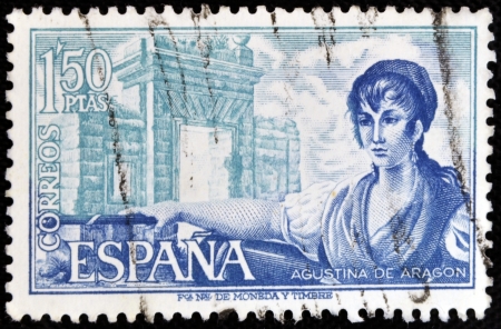 SPAIN - CIRCA 1968: A stamp printed in Spain shows Agustina de Aragon, circa 1968のeditorial素材