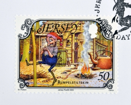 JERSEY - CIRCA 2005: A stamp printed in Jersey shows Rumpelstiltskin, circa 2005のeditorial素材